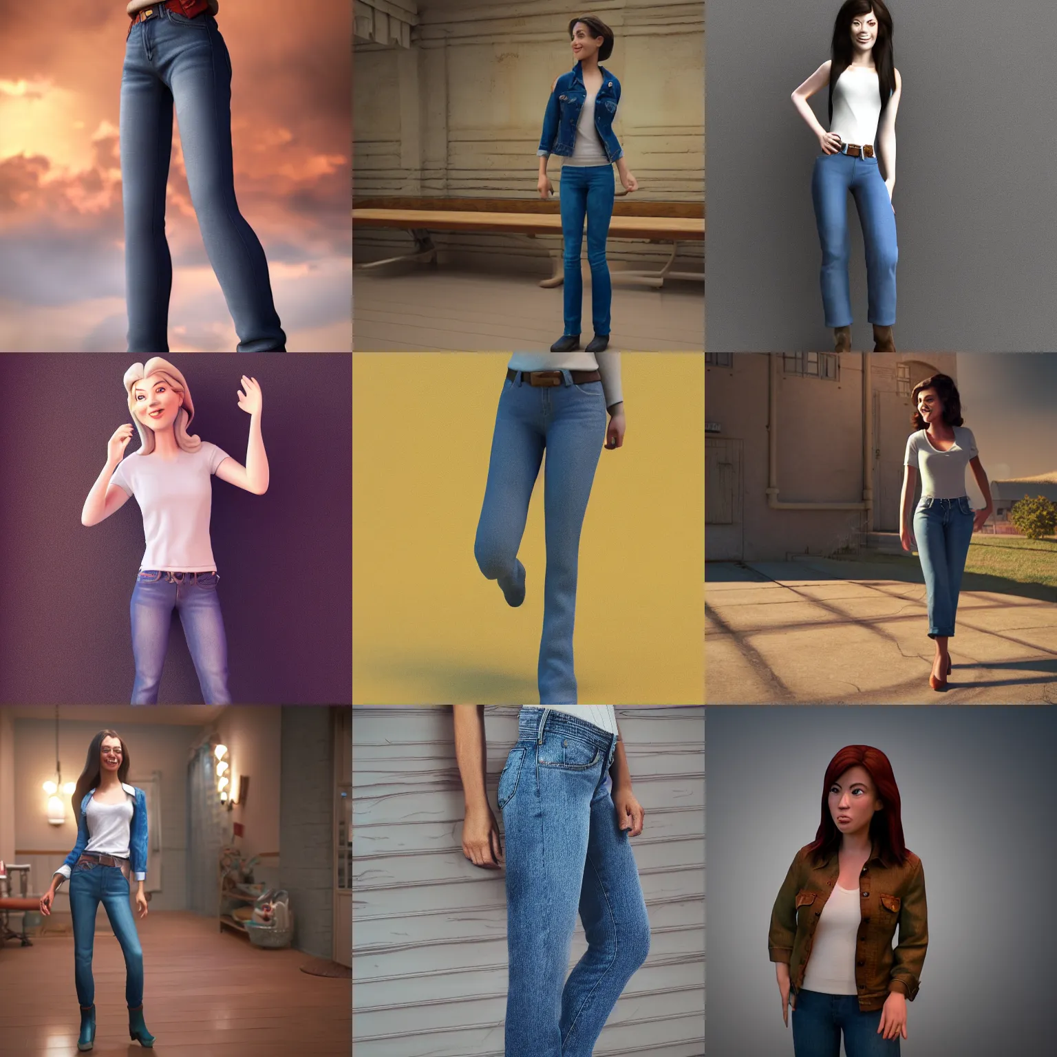 Prompt: a woman in jeans, disney style, 3 d, octane render