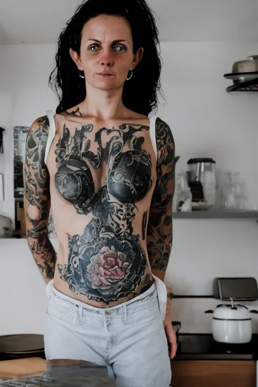 Image similar to a woman posing for the camera in a kitchen, a tattoo by louisa puller, trending on cg society, superflat, 3 2 k uhd, hd, 4 k