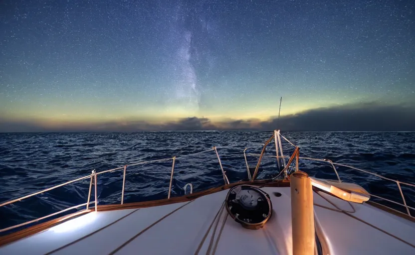 Image similar to Watching the north lights from a sailboat in the ocean at night, beatiful, 8k, wide angle, cinematic