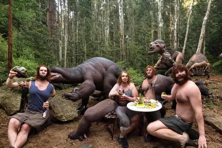 Image similar to photo, three hairy fat neanderthal people, emma!! watson!!, eating outside, surrounded by dinosaurs!, gigantic forest trees, sitting on rocks, bright moon, birthday cake on the ground, front view