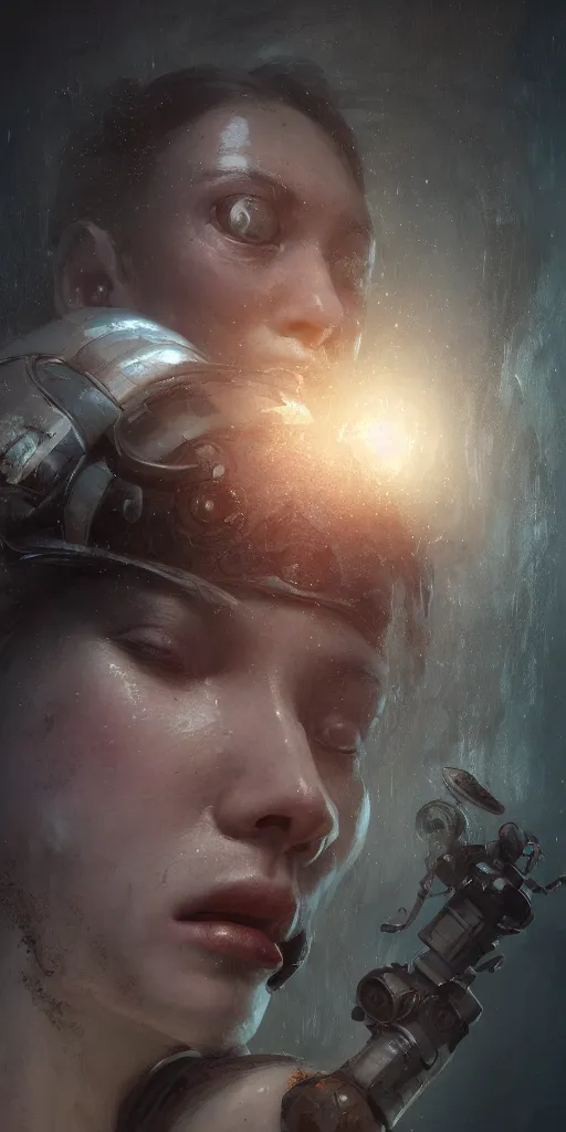 Image similar to close up face portrait of a machine dreaming with it's eyes open in a bathtub inside of a apocalyptic bathroom, extremely detailed digital painting, in the style of fenghua zhong and ruan jia and jeremy lipking and peter mohrbacher, mystical colors, rim light, beautiful lighting, 8 k, stunning scene, raytracing, octane, trending on artstation