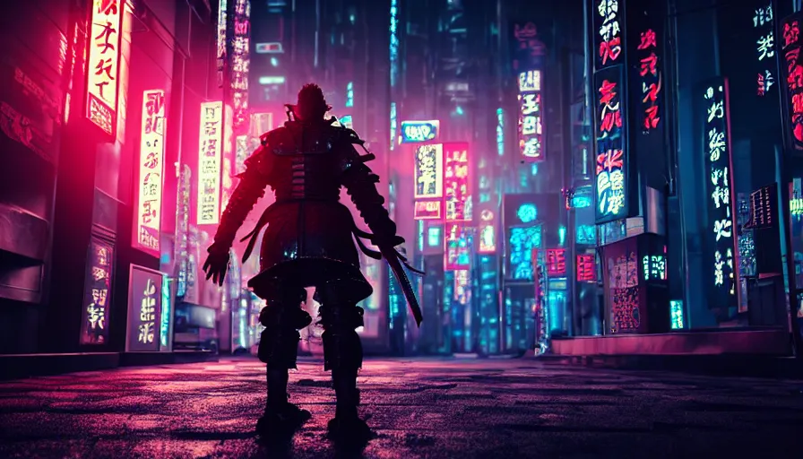 Image similar to movie still, a man in samurai armor in night city,, cyberpunk horror style, cyberpunk, cyberpunk futuristic neo, detailed and intricate environment, octane render, unreal engine, 4 k