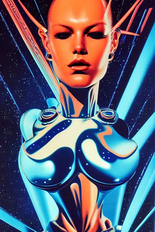 Image similar to space alien art by Hajime Sorayama and Artemisia Gentileschi, centered, symmetrical, led, blue lazers, bilateral symmetry, third person, 80s poster, sci fi, blade runner, kubrik, 2D matte illustration