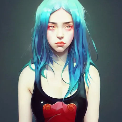 Image similar to a beautiful japanese billie eilish kat dennings alluring instagram model in elaborate latex tank top, by guweiz and wlop and ilya kuvshinov and artgerm and makoto shinkai and studio ghibli, symmetrical eyes, aesthetic, gorgeous, stunning, alluring, attractive, artstation, deviantart, pinterest, digital art