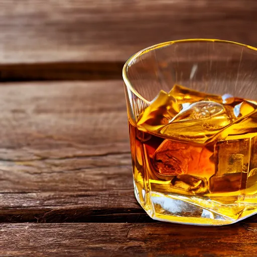 Prompt: a realistic photograph of a glass of whiskey on a wooden table, ultra hd