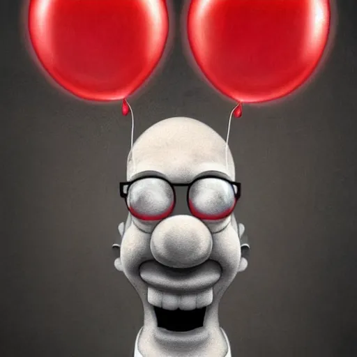 Prompt: surrealism grunge cartoon portrait sketch of homer simpson with a wide smile and a red balloon by - michael karcz, loony toons style, the conjuring style, horror theme, detailed, elegant, intricate