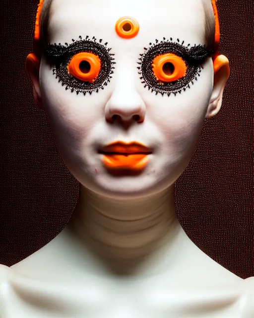 Image similar to symmetrical close - up portrait of a woman wearing a orange silicone embroidered beauty mask and hair buns, wearing a black bodysuit by alexander mcqueen, cream white background, soft light, biotechnology, humanoide robot, bjork aesthetic, translucent, by rineke dijkstra, intricate details, highly detailed, masterpiece,