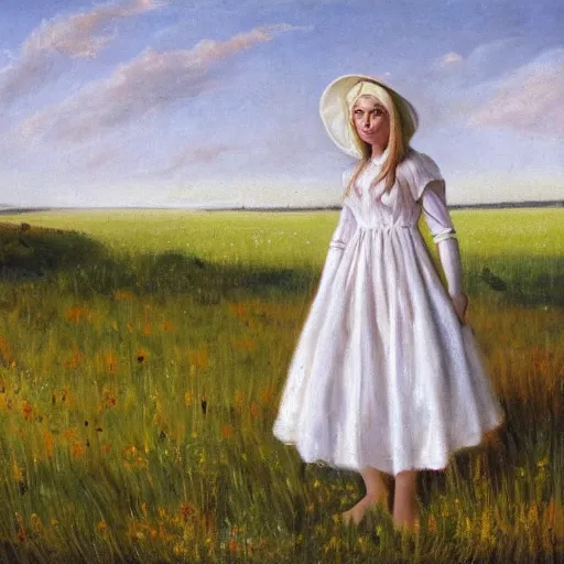 Prompt: teenage blonde pioneer girl in a meadow, white prairie dress and bonnet, oil, portrait