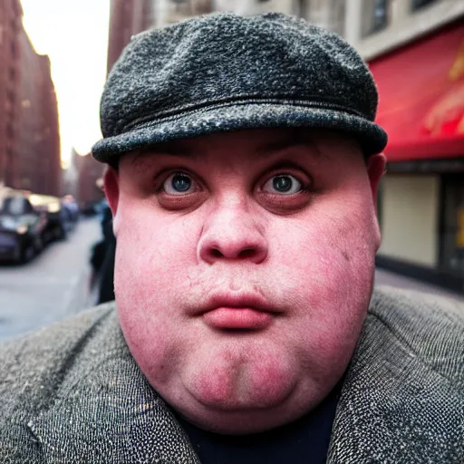 Image similar to closeup portrait of obese peaky blinders in a new york street, by Steve McCurry and David Lazar, natural light, detailed face, CANON Eos C300, ƒ1.8, 35mm, 8K, medium-format print