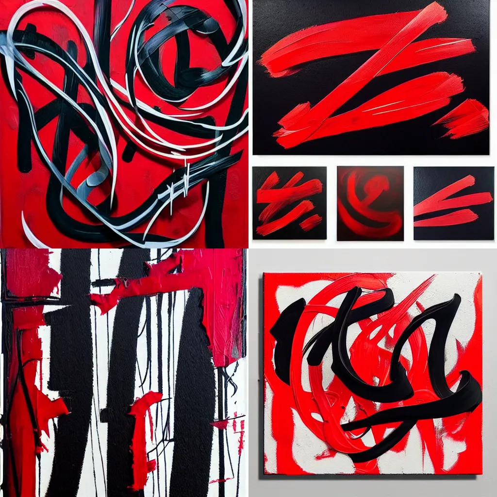 Prompt: “modern calligraphy art, red paint and black Canvas, metal, caligrafiturism style, multi-layered artworks, abstract, oil paint, nitro paint, spray paint, Acrylic paint, high quality, Behance, 3D, technology”