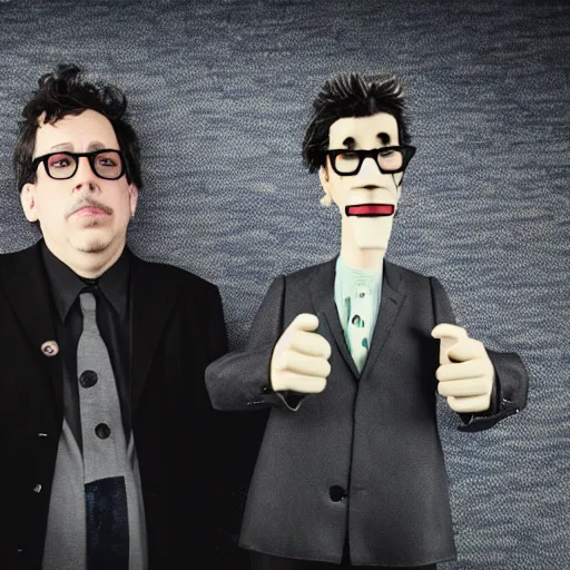 Image similar to john linnell and john flansburgh of they might be giants as puppets, band marketing material, photograph, sharp focus, 4 k, extremely detailed