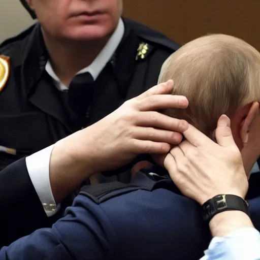 Prompt: Putin in handcuffs in the courtroom, hyper realistic, ultra details, 4k, real photo,