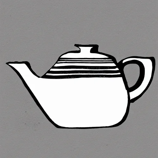 Image similar to teapot, block print, simple stylized, black ink on white paper