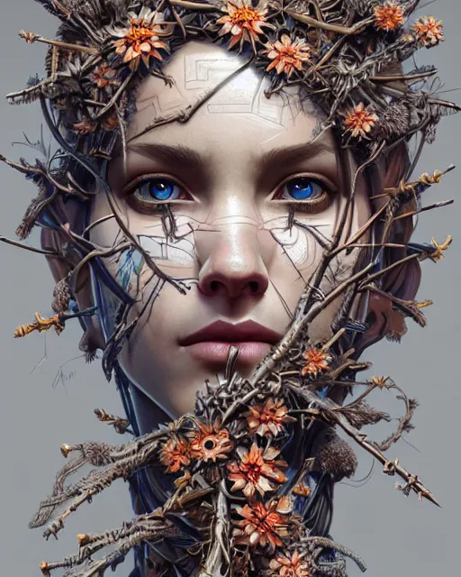 Image similar to symmetry!! portrait of a machine from horizon zero dawn, machine face, decorated with twigs and flowers, intricate, elegant, highly detailed, digital painting, artstation, concept art, smooth, sharp focus, illustration, art by artgerm and greg rutkowski and alphonse mucha, 8 k