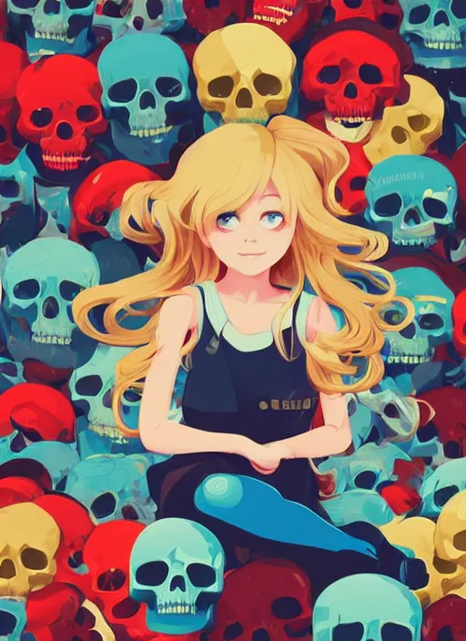 Image similar to little girl with long blonde hair sitting on a pile of plastic decor skulls. clean cel shaded vector art. shutterstock. behance hd by lois van baarle, artgerm, helen huang, by makoto shinkai and ilya kuvshinov, rossdraws, illustration, art by ilya kuvshinov