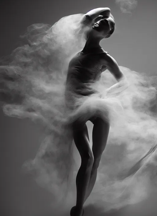 Image similar to a Photorealistic dramatic hyperrealistic render of a glamorous beautiful Female smoke dancer by Ken Brower and Deborah Ory of NYC Dance project,Lois Greenfield,Flowing cloth and smoke,Beautiful dynamic dramatic dark moody lighting,volumetric,shadows,cinematic atmosphere,Octane render,8K