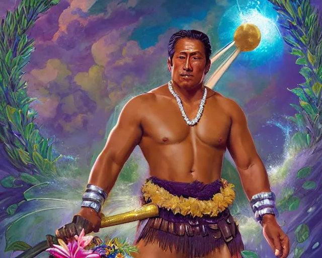 Image similar to buff duke kahanamoku as a hawaiian warrior emerging from a surrounded intergalactic planets connected by streams of multiversal flow, sigma male, gigachad, lush garden of majestic flowers, visually stunning, luxurious, by wlop, james jean, jakub rebelka, tran nguyen, peter mohrbacher, yoann lossel