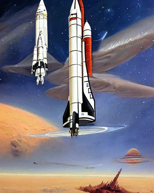Image similar to a painting of a space shuttle and a space shuttle, concept art frank frazetta and jean giraud and dariusz zawadzki, trending on pinterest, space art, sci - fi, concept art, redshift