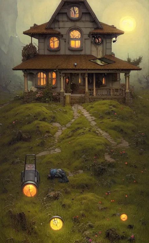 Image similar to a hyper realistic witchy cottage with solar panels on a tall hill, mountains, atmospheric lighting, lush foliage, painting by chiara bautista and tom bagshaw, mucha, beksinski and norman rockwell and greg rutkowski weta studio, and lucasfilm