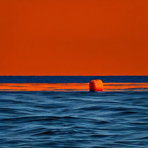 Prompt: an orange life raft drifts in a calm ocean, dramatic contrasting light, 135mm