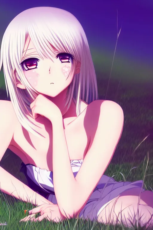Prompt: anime art full body portrait woman, concept art, anime key visual of elegant young female, platinum blonde straight bangs and large eyes, finely detailed perfect face delicate features directed gaze, laying down in the grass at sunset in a valley, trending on pixiv fanbox, studio ghibli, extremely high quality artwork