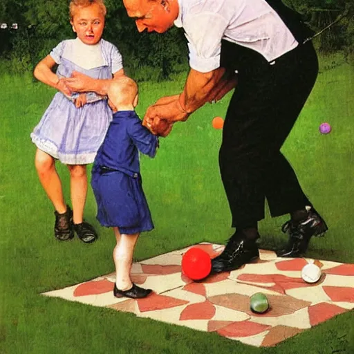 Prompt: benjamin netanyahu playing hopscotch in a public park, by norman rockwell