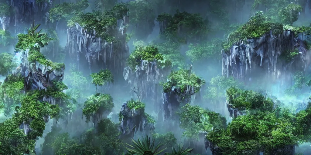 Prompt: spectacular cinematic aerial view of floating islands like from pandora in avatar (2009), mist, fog, atmospheric, mid-day