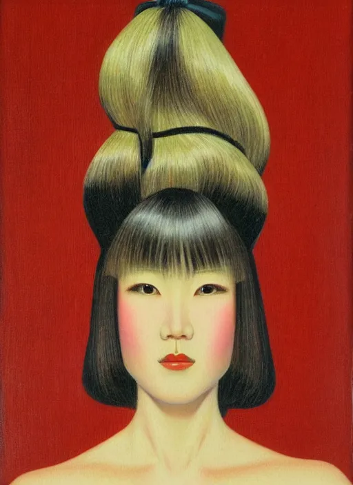 Prompt: painting of a japanese woman with bangs, kitsch, by vladimir tretchikoff