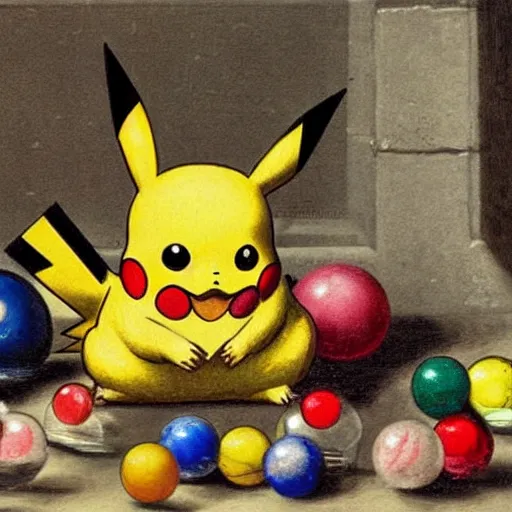 Image similar to a pikachu sitting next to a bag of marbles in an alley, baroque painting, closeup