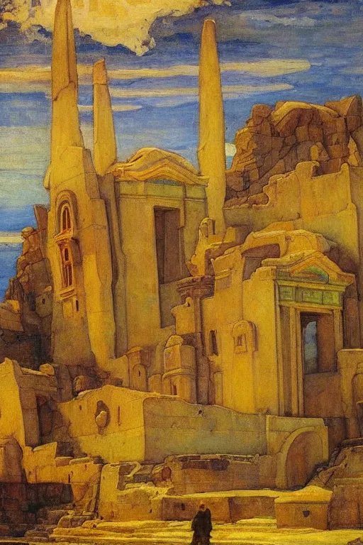 Image similar to ancient city by the sea by Annie Swynnerton and Nicholas Roerich, strong dramatic cinematic lighting , ornate architecture, lost civilizations, smooth, sharp focus, extremely detailed