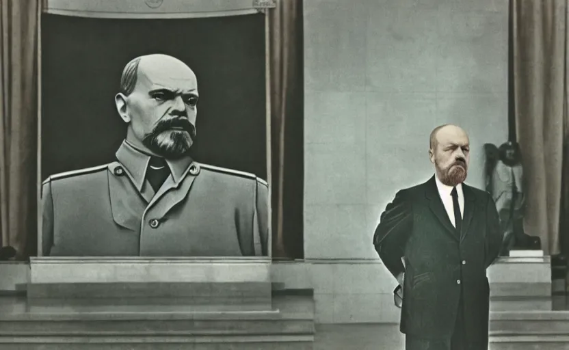 Image similar to 60s movie still of a stalinist style parlement with a giant portrait of Vladimir Lenin, by Irving Penn , cinestill 800t 35mm eastmancolor, heavy grainy picture, very detailed, high quality, 4k, HD criterion, precise texture