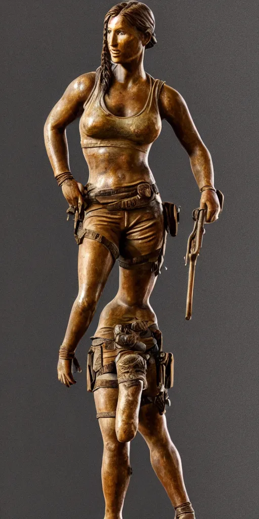 Image similar to detailed photo of an old bronze patina statue of beautiful lara croft posing for a full body portrait, photorealism, intricate detail, museum diffuse lighting