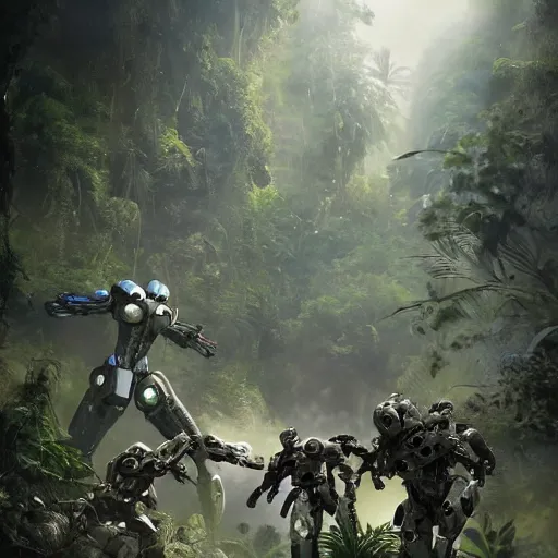 Image similar to Ragtag militia fighting advanced humanoid combat robots in a jungle in 2020, combat photography by Feng Zhu, highly detailed, excellent composition, cinematic concept art, dramatic lighting, trending on ArtStation