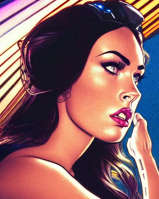 Image similar to low angle closeup very seductive megan fox retro scifi goddess pinup, vr goggles, action glamour pose, windblown dark hair, hyper detailed, digital art, studio lighting, smooth, ambient lighting, sharp focus, frank miller, wlop, anna dittmann, moebius!, alphonse mucha, patrick nagle!!!, rim lighting, synthwave