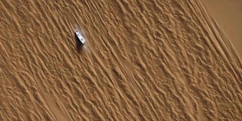 Image similar to a cruise ship sailing thru sahara desert while making big waves in sand, detailed, digital photo, aerial view