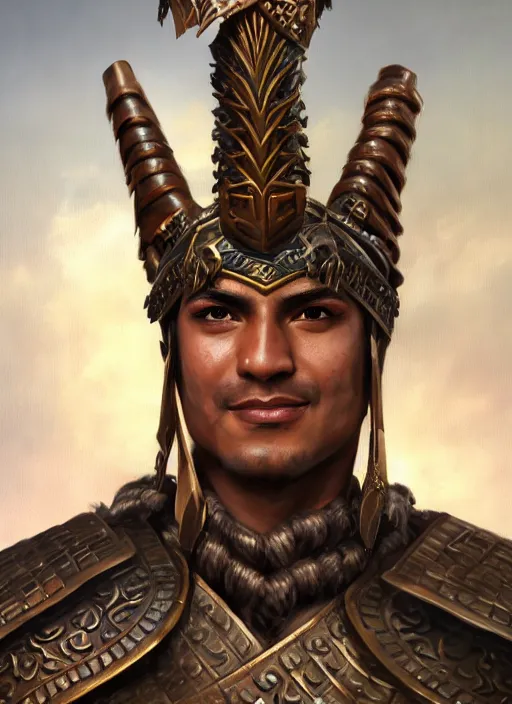 Image similar to smart tai warlord, closeup portrait, beardless, smooth - faced, historical hero, ethnic group, tai costume, bronze headdress, intricate, with leather armor cross on bare chest, elegant, loin cloth, highly detailed, oil painting, artstation, concept art, matte, sharp focus, illustration, hearthstone, art by earl norem