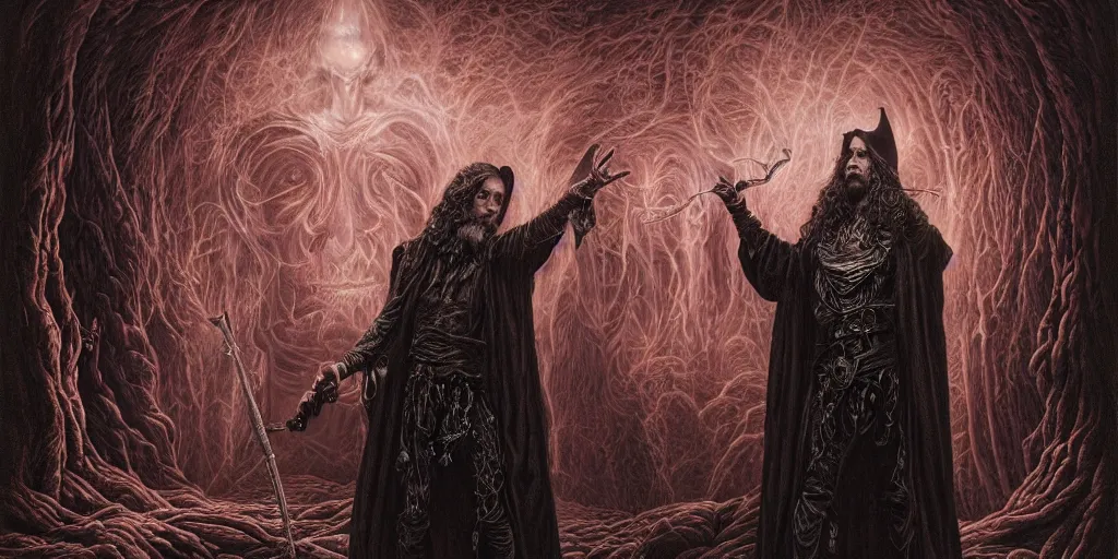 Prompt: highly detailed matte painting portrait of a dark wizard casting a spell by alex grey, patrick woodroffe, mark ryden created by gustave dore and greg rutkowski, high detailed, smooth draw, synthwave neon retro, intricate, realistic proportions, dramatic lighting, trending on artstation