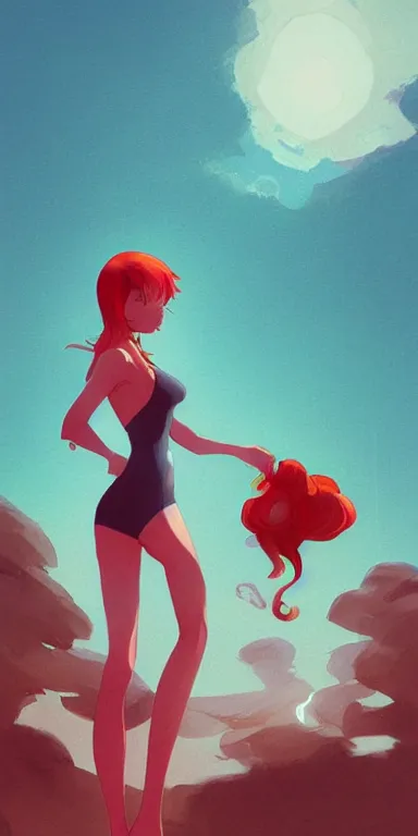 Image similar to lois van baarle, artgerm, helen huang, by makoto shinkai and ilya kuvshino, rossdraws, illustration, art by ilya kuyshuno. cute scarlet red haired cyborg woman, steel gray body, denim shorts, at beach at sunset, beautiful face, smile, elegant, exaggerated proportions, looking at me