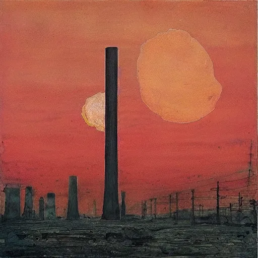 Prompt: “ an anselm kiefer painting of a towering smokestack lit by the setting sun, in a world draped in pink and red and orange fluffy clouds ”