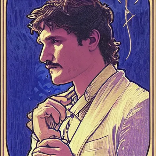 Image similar to pedro pascal portrait by louis - theophile hingre and alphonse mucha, realistic, sharp focus, zodiac signs, tarot cards, planets, ethereal, art nouveau, magic, moon, sun, crown, dreamy, royal, jewellery