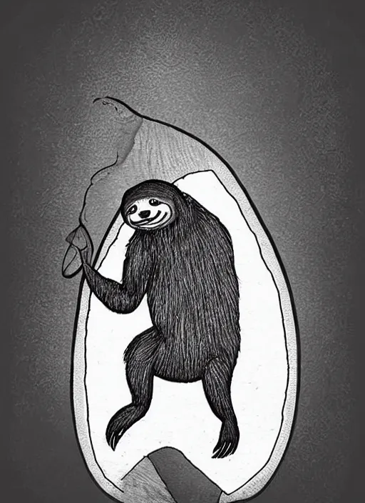 Prompt: beautiful cartoon professional drawing black ink of sloth riding surfboard