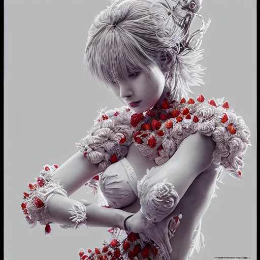 Image similar to the portrait of an absurdly beautiful, graceful, elegant, sophisticated, fashionable young gravure idol made of strawberries and white petals, an ultrafine hyperdetailed illustration by kim jung gi, irakli nadar, intricate linework, bright colors, octopath traveler, final fantasy, unreal engine 5 highly rendered, global illumination, radiant light, detailed and intricate environment