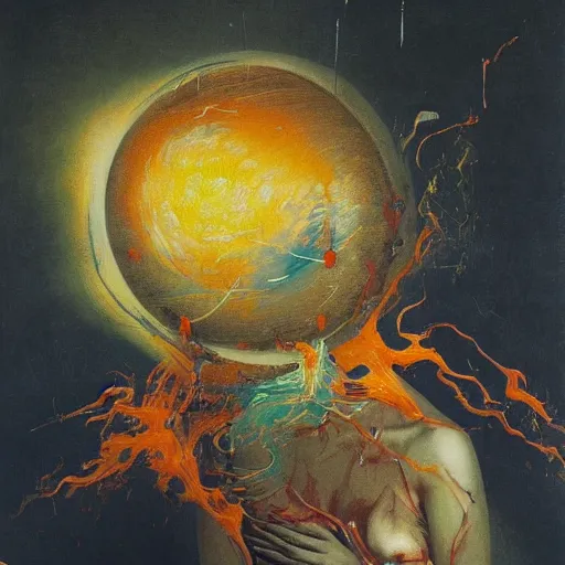 Prompt: a sphere being devoured by abstract splatters of paint in the style of francis bacon, venus being engulfed in flames in front of a female face in the style of james jean, surreal, beksinski, high detailed