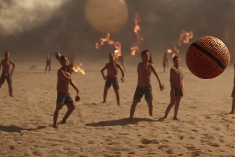 Prompt: movie scene portrait closeup, gigantic aliens playing volleyball with meatball or a pizza natural lighting by emmanuel lubezki