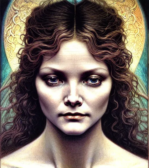 Image similar to detailed realistic beautiful young michelle pfeiffer as queen of jupiter face portrait by jean delville, gustave dore and marco mazzoni, art nouveau, symbolist, visionary, gothic, pre - raphaelite. horizontal symmetry by zdzisław beksinski, iris van herpen, raymond swanland and alphonse mucha. highly detailed, hyper - real, beautiful