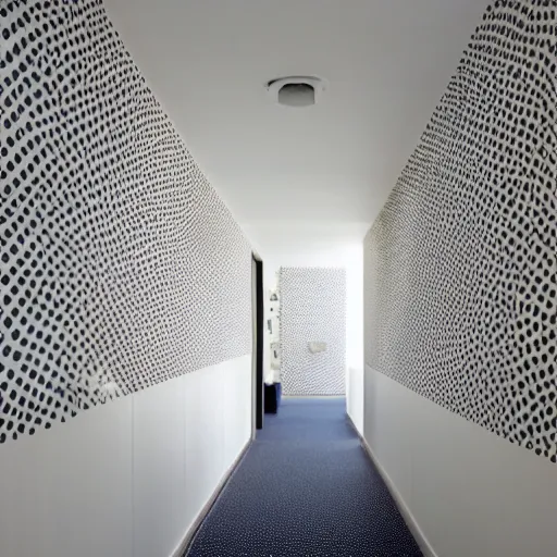 Image similar to a white corridor with a giant polka dot pattern on the walls