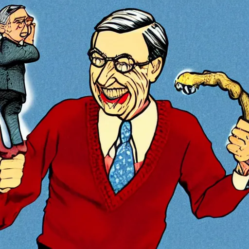Prompt: mr. rogers being physically overpowered by an evil puppet, detailed horror illustration