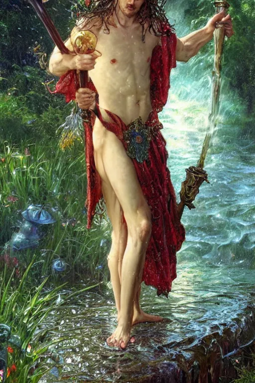 Image similar to portrait of a man wearing a knight robe, holding a fantasy staff, drenched body, wet dripping hair, emerging from the water, fantasy, regal, fractal crystal, fractal gems, by stanley artgerm lau, thomas kindkade, alphonse mucha, loish, norman rockwell