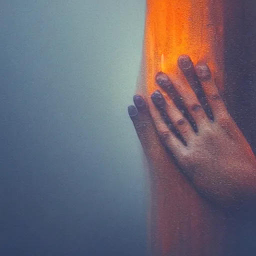 Image similar to a blurry closeup picture of hands around neck, dripping wet, no face, macro photography, long exposure photograph, surrealism, anamorphic bokeh, cozy, soft light, cyan and orange, caustic, atmospheric fog, octane render, cinematic