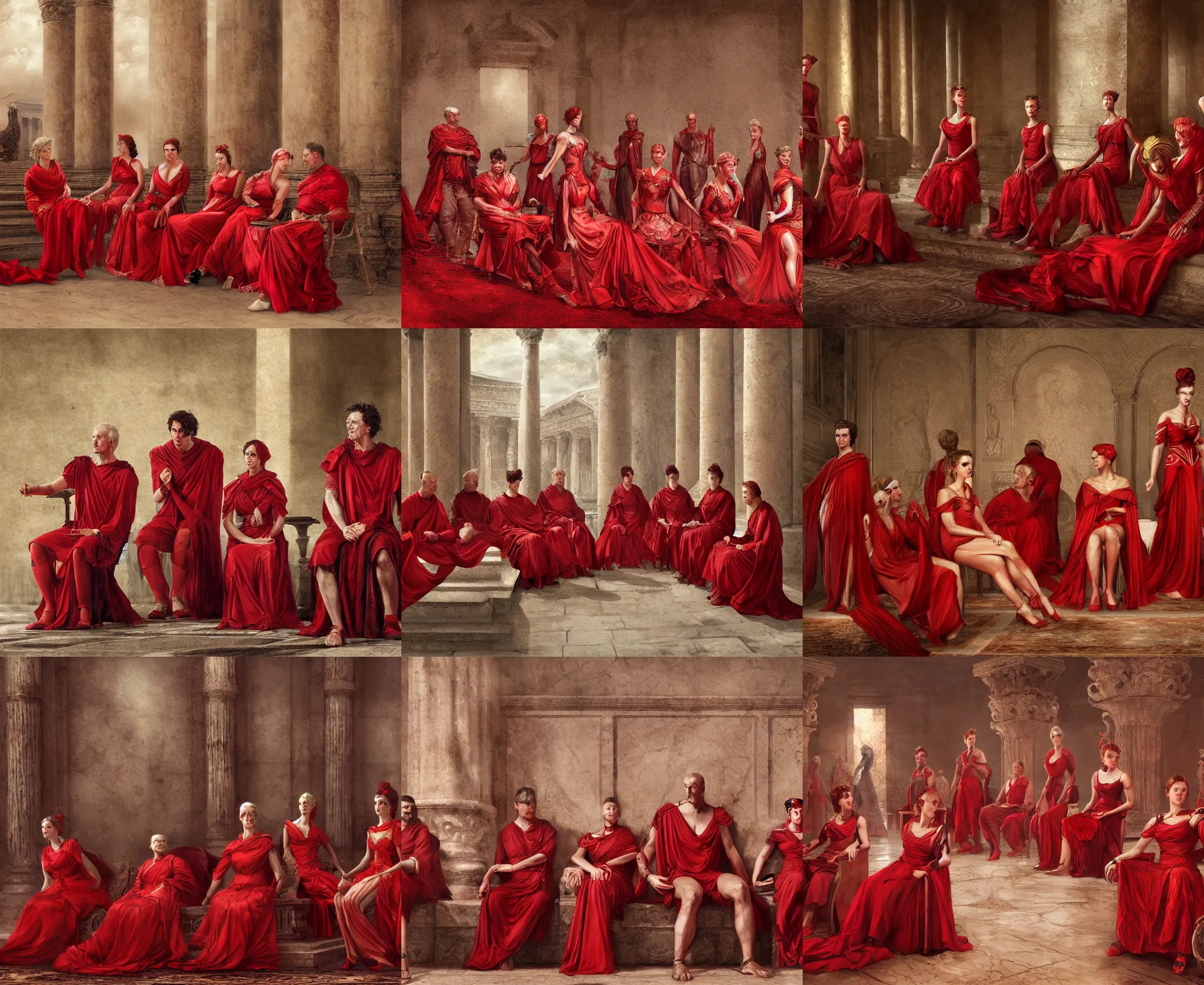 Prompt: group of ancient roman senators, dressed in red, sit, intricate, elegant, sharp focus, highly detailed, digital painting, aleksi briclot, rutkowski,